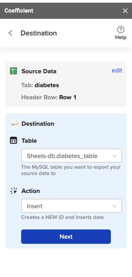 The Destination section shows the Table and Action lists 