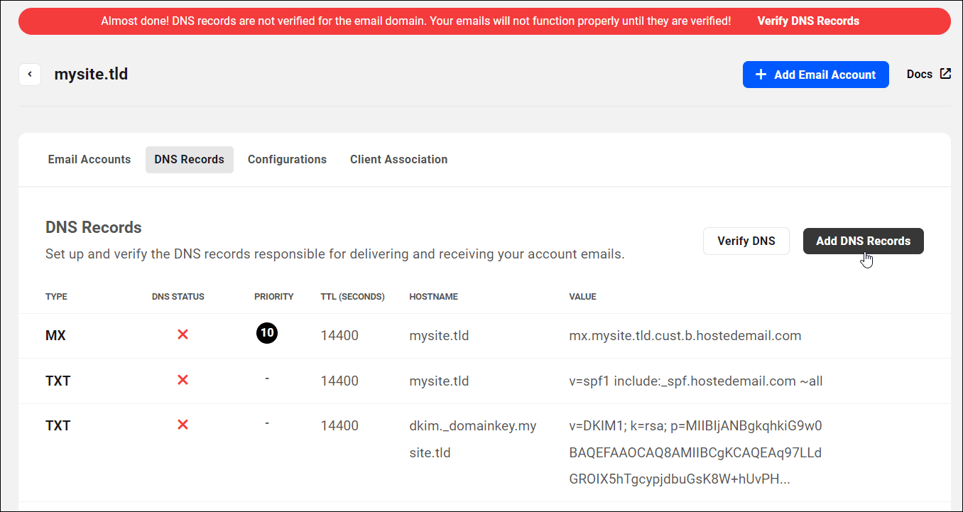 DNS Records screen - Add DNS Records button selected.