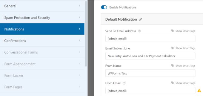 Edit form notification settings