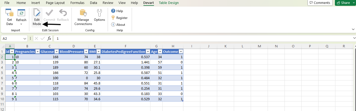 Excel sheet shows the Edit Mode button in the Edit Session group on the Devart tab