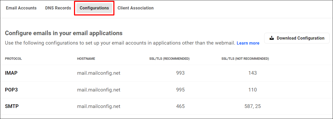 Webmail - Domain Email - Configurations