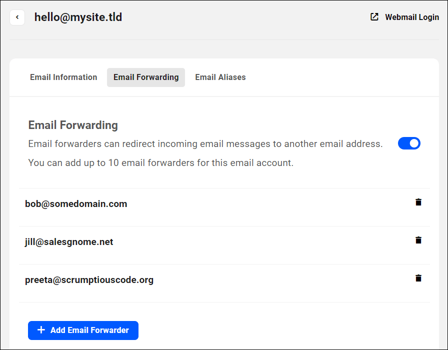 Webmail email forwarders.