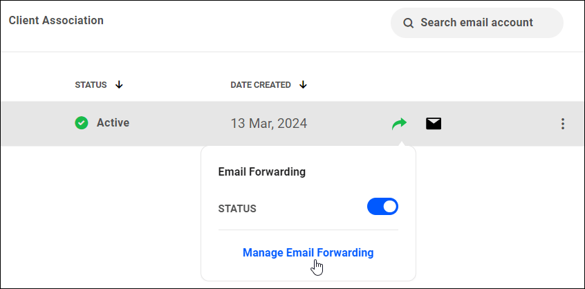 Webmail - Email Accounts - Email Forwarding with status turned on and Manage Email Forwarding selected.