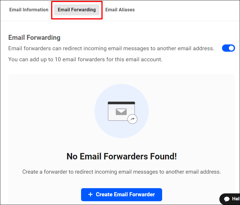 Email Forwarding screen with no forwarders set up yet.