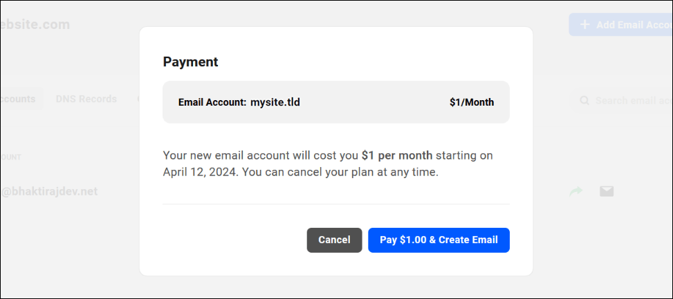 Email account payment screen.