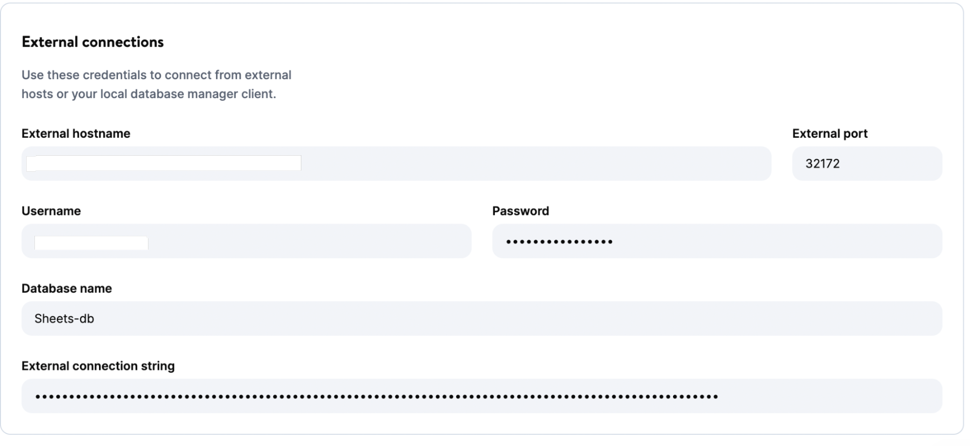 The External connections page shows the External hostname, External port, Username, Password, Database name, and External connection string fields