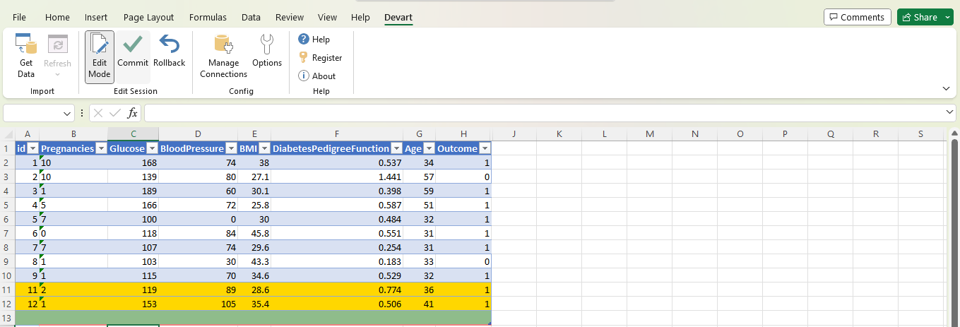 Excel sheet shows two new records highlighted in yellow