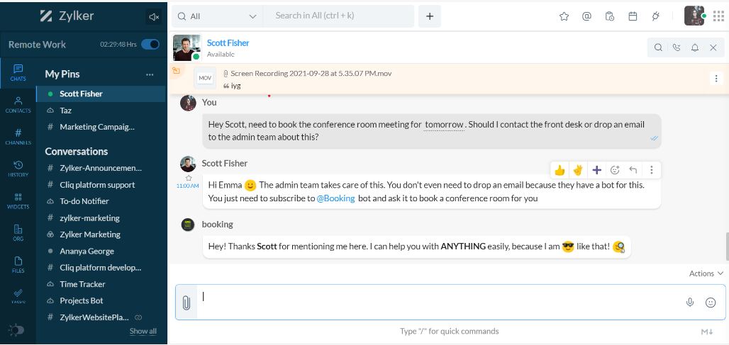 screenshot of Zoho Cliq instant messaging example