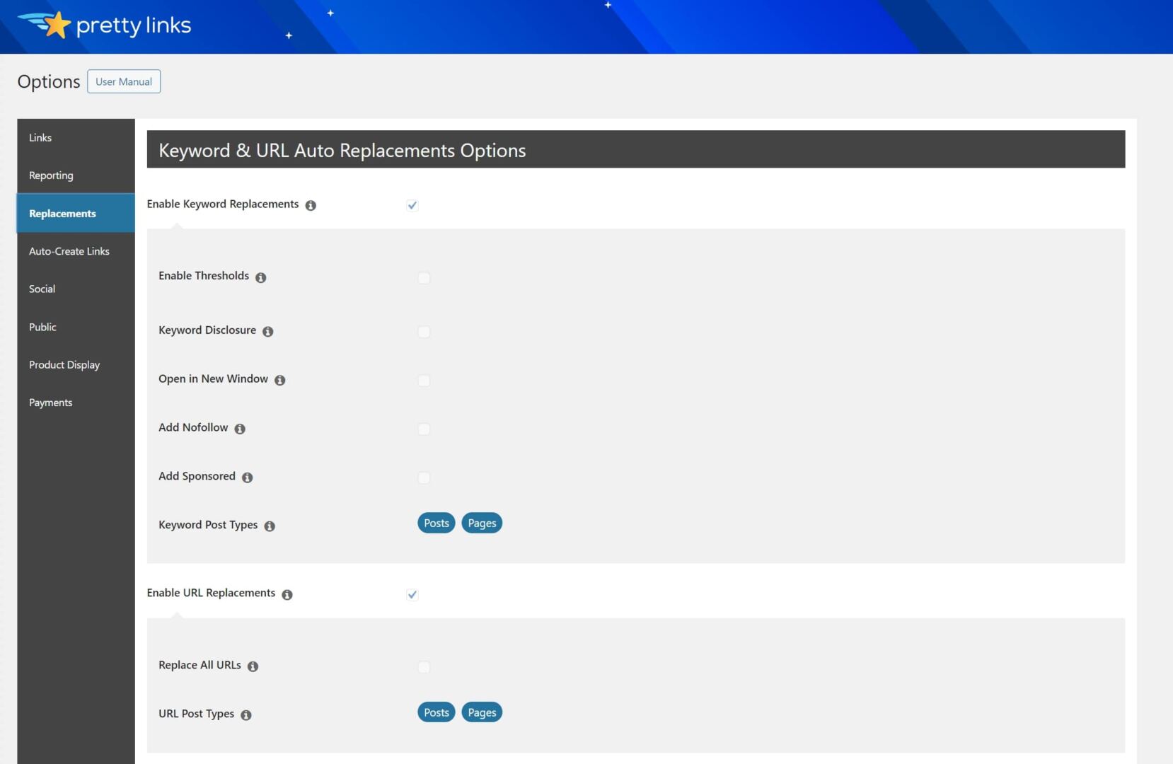 pretty links keyword replacement