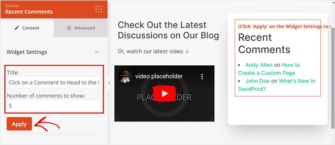 Configuring Content settings of the Recent Comments widget in SeedProd