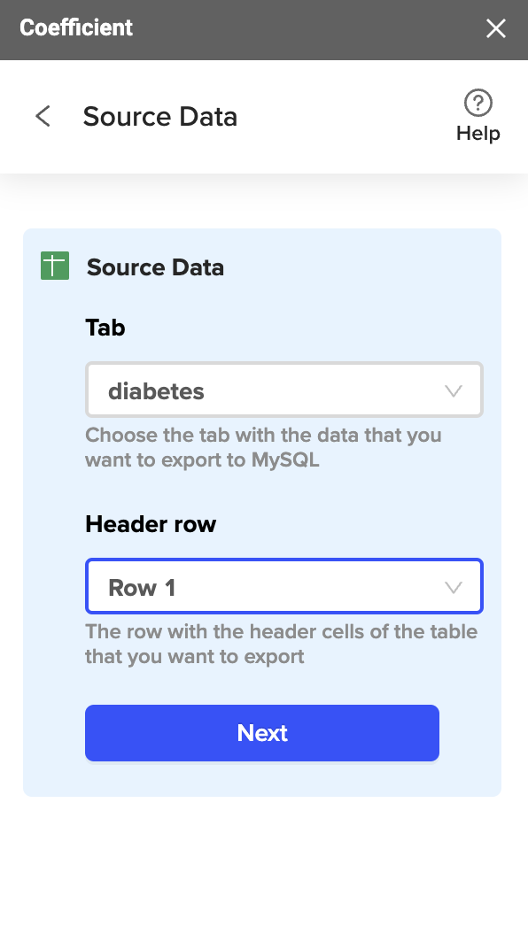 The Source Data section shows the Tab and Header row fields