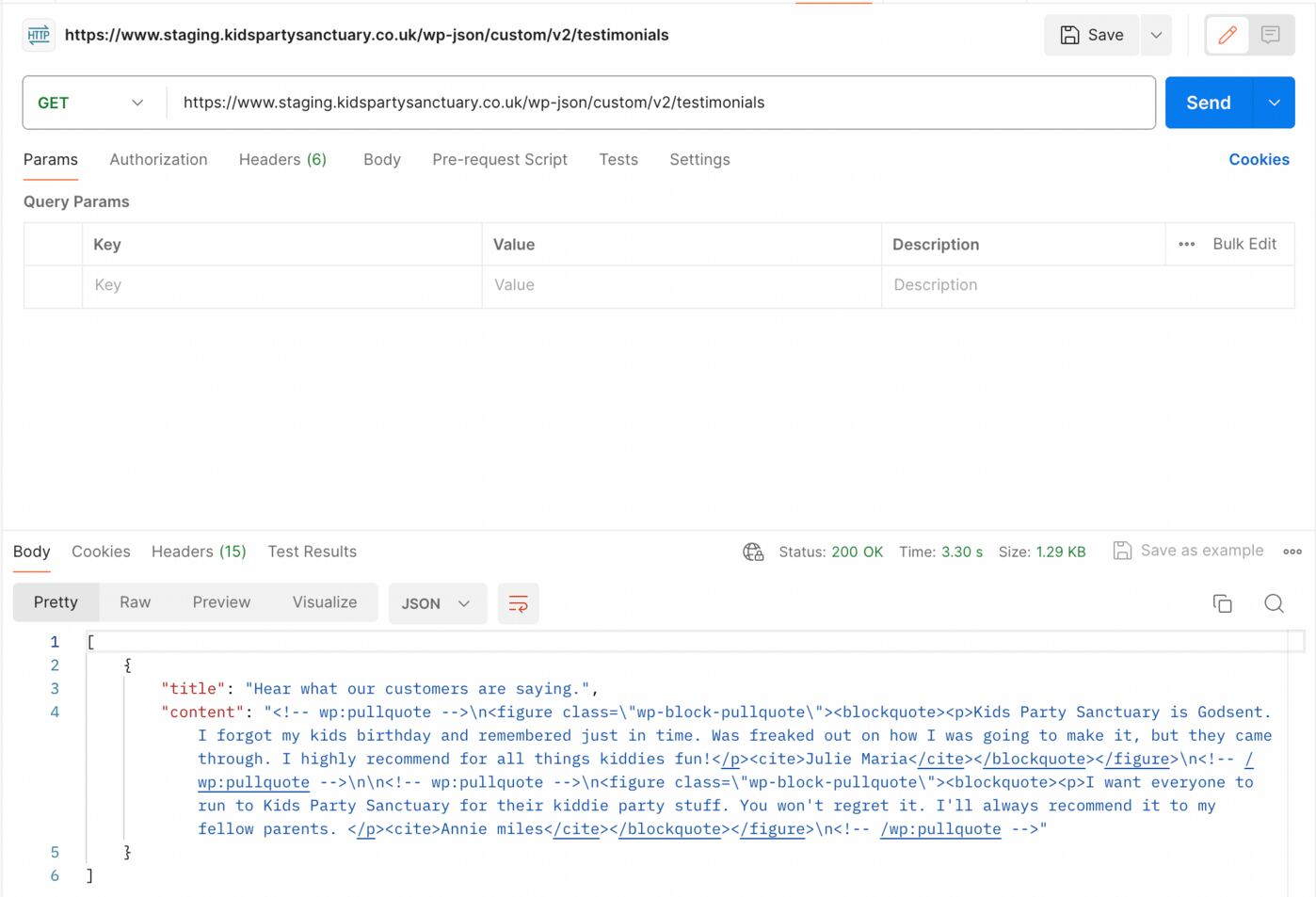 Screenshot of a successful Postman API call to the testimonial custom endpoint