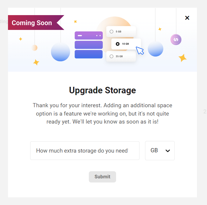 Upgrade Storage modal