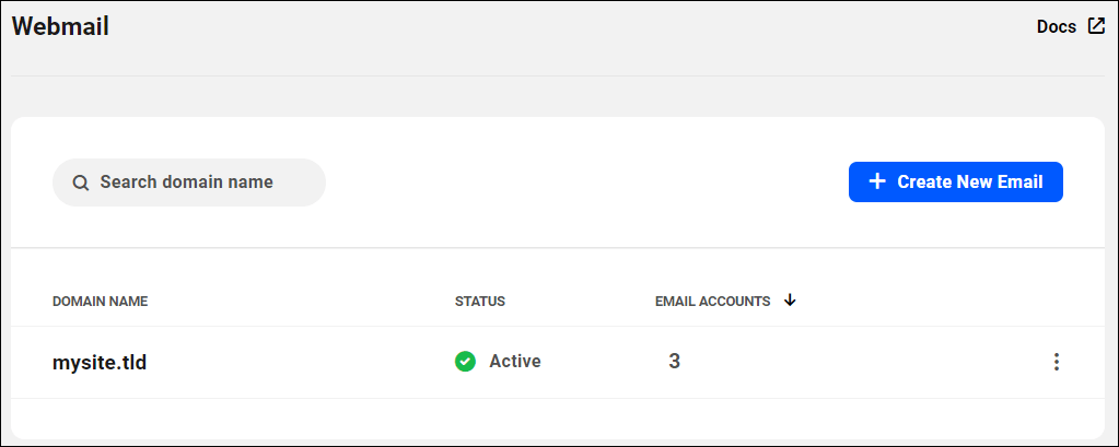 Webmail screen with added domain email accounts.