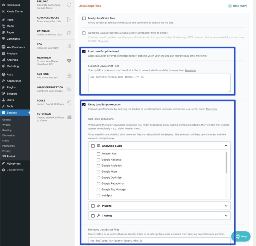 The interface in the WP Rocket plugin that lets you fully optimize your site's JavaScript code.