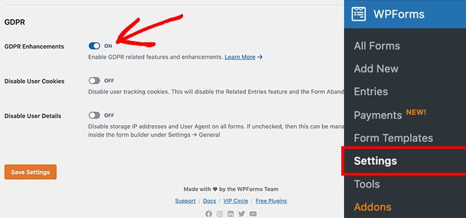Enable GDPR settings in WPForms