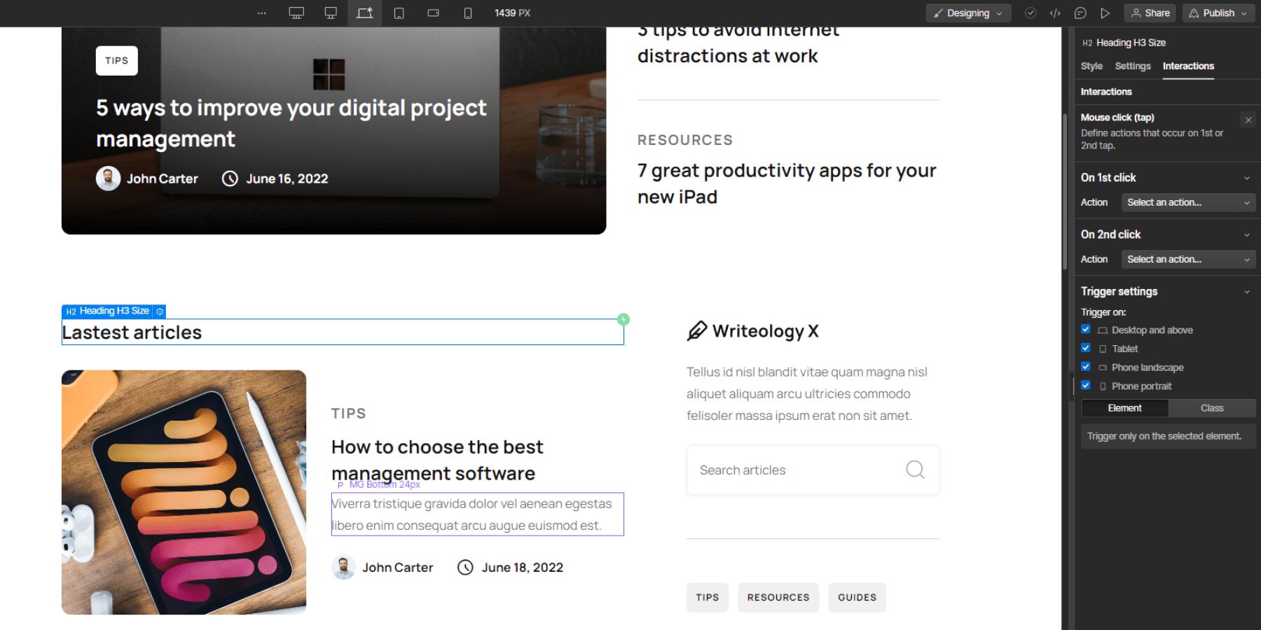 A screenshot of Webflow's Interactions Menu