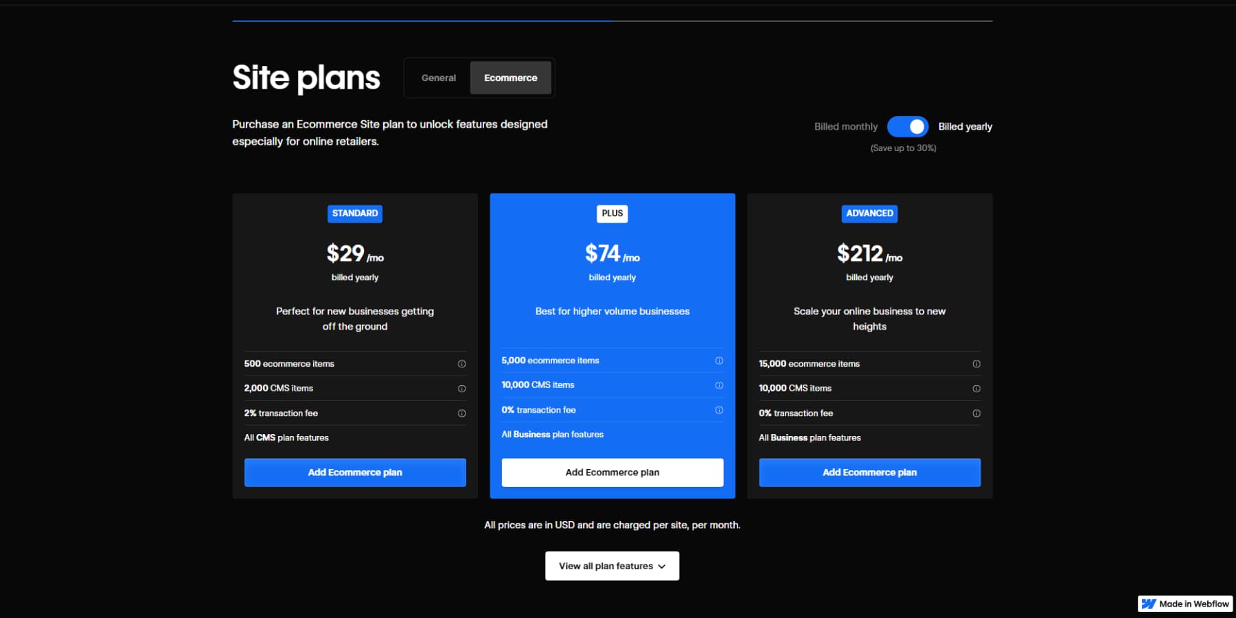 A screenshot of Webflow's eCommerce Pricing