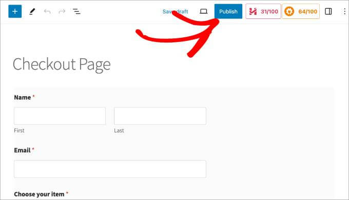 Publish one-click checkout page wpforms