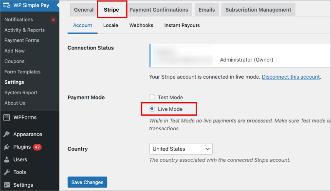 Stripe payment live mode