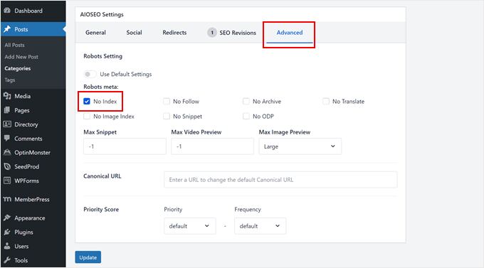 Noindexing a category page in AIOSEO