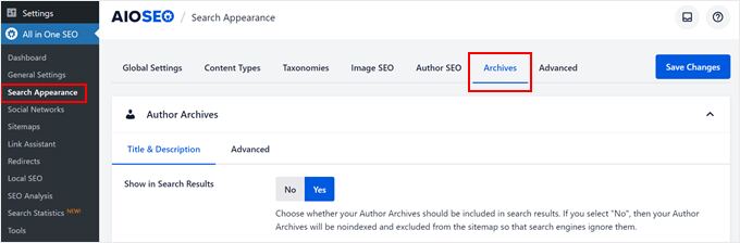 Configuring the archive page search appearance settings in AIOSEO