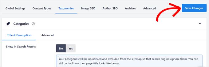 Saving changes for the taxonomies search appearance settings in AIOSEO