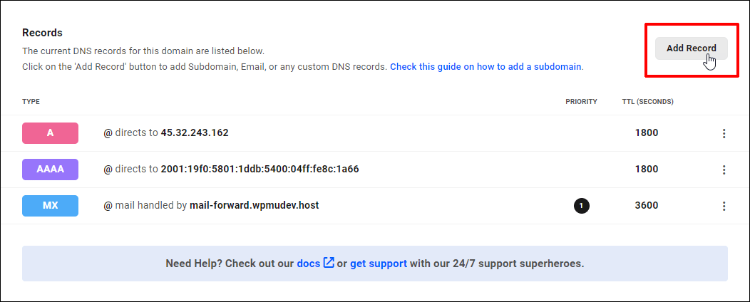 The Hub's DNS Manager - Add Record