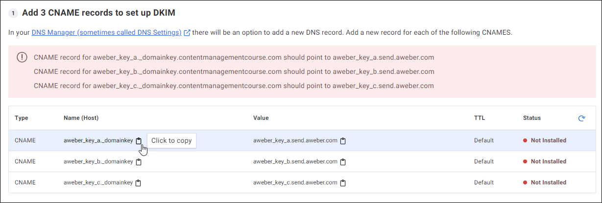 CNAME records supplied by the email service provider being copied to the clipboard.