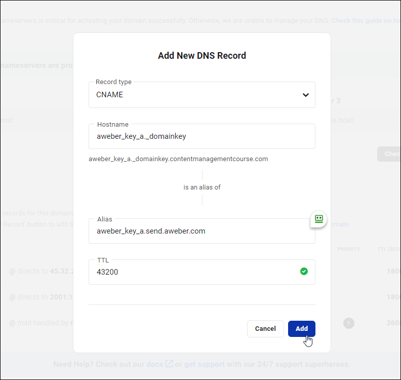 Add New DNS Record screen with CNAME selected in Record type field and Hostname record pasted in