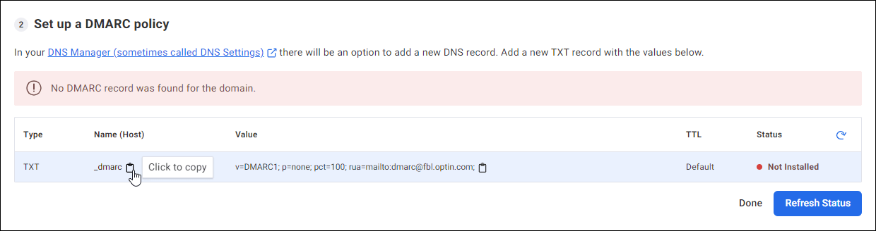 Aweber's Set up a DMARC policy screen with text being copied to clipboard.