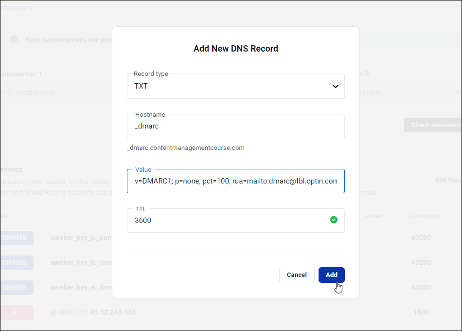 Add NEw DNS Record screen.