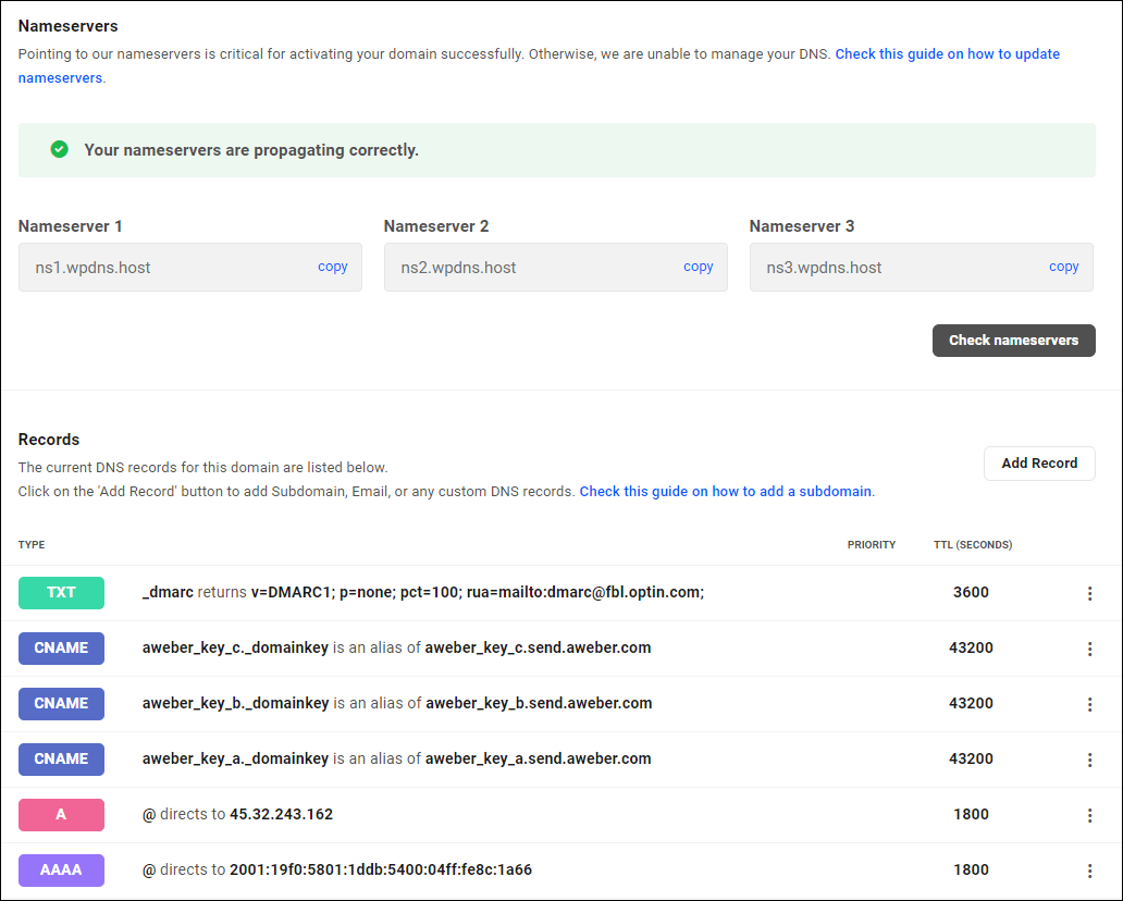 WPMU DEV DNS Manager with DMARC TXT record added.