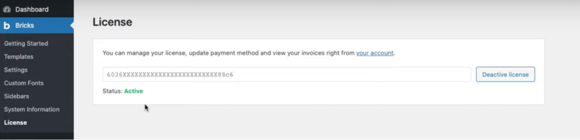 Configure Bricks theme license to activate theme
