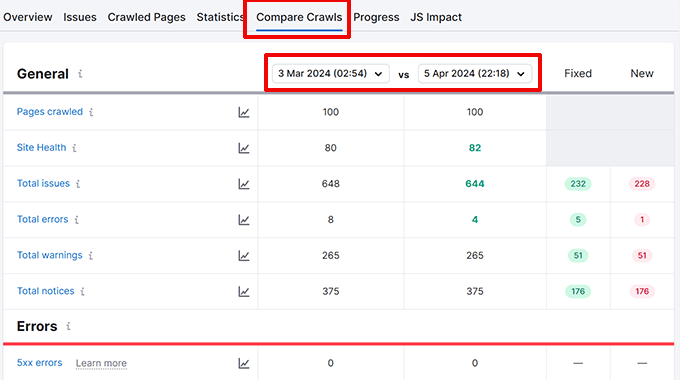 Compare crawls in Semrush