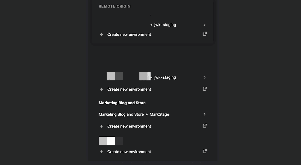 DevKinsta’s dialog for creating staging environments. The interface displays a tree view with two folders: 'jwk-staging' and 'Marketing Blog and Store'. The 'Marketing Blog and Store' folder is expanded to show a subfolder called 'MarkStage'. Inside each folder is a link labeled 'Create new environment' with a plus icon, which lets the user create additional staging environments within that folder structure.