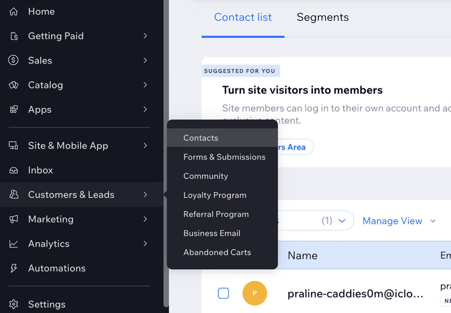 Customer and leads dashboard on Wix