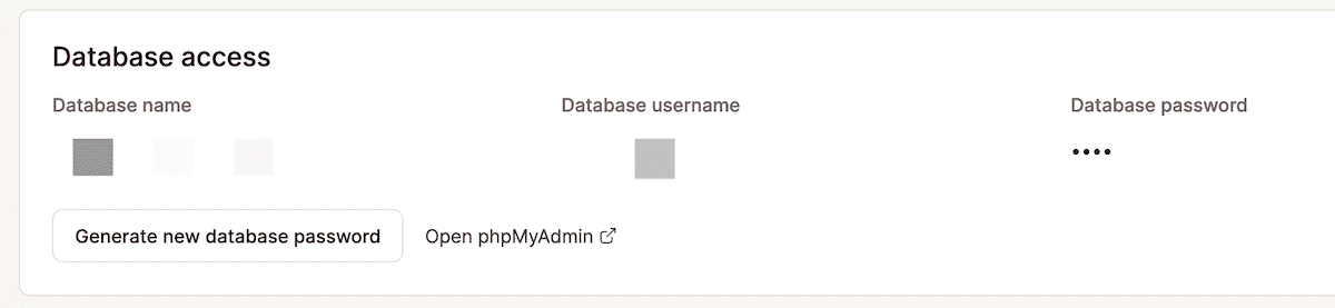 A Database access panel from the MyKinsta dashboard. There are three database credential fields, for the name, username, and password – all in black text. Below is a button to Generate a new database password, and a link to open phpMyAdmin.