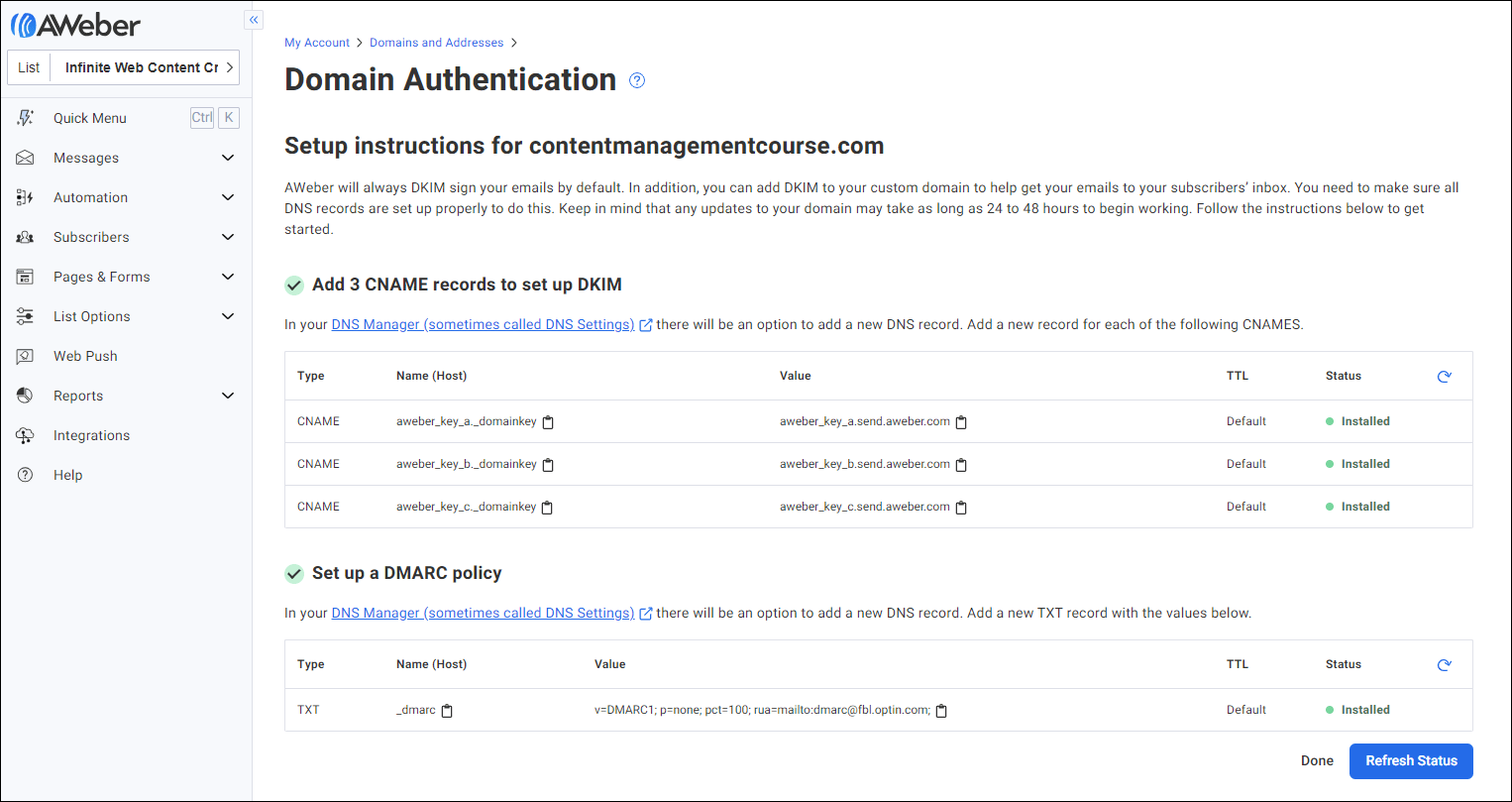 Aweber Domain Authentication screen showing a fully authenticated email domain.