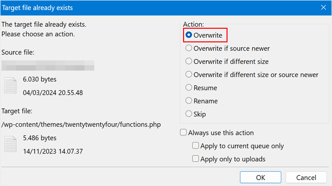 Overwriting an existing functions.php file via FTP