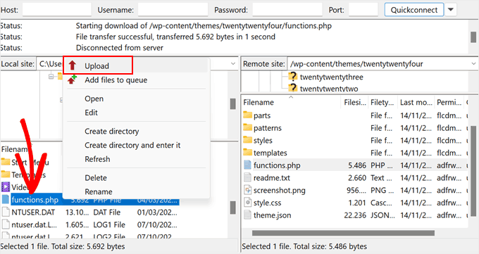 Uploading the functions.php file via FTP