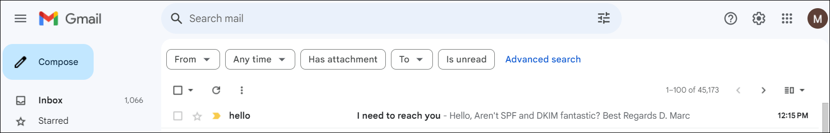 An email in a Gmail inbox