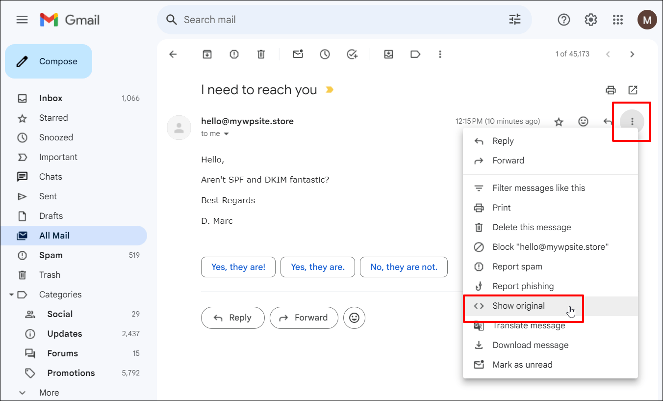 Gmail - show original menu option selected.