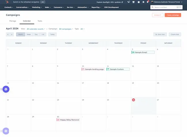 HubSpot's marketing calendar color codes campaigns