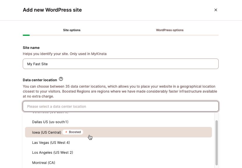 A screenshot of the MyKinsta dashboard showing the dialog used to select a data center.