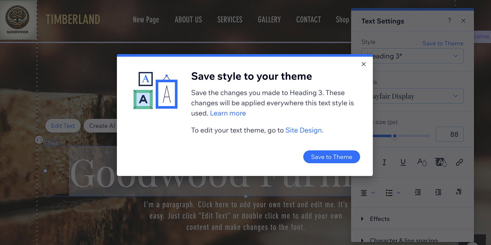 Saving text style to a theme on Wix