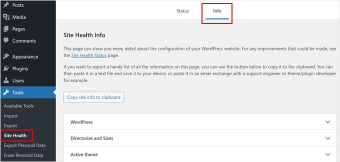 Opening Site Health Info in WordPress