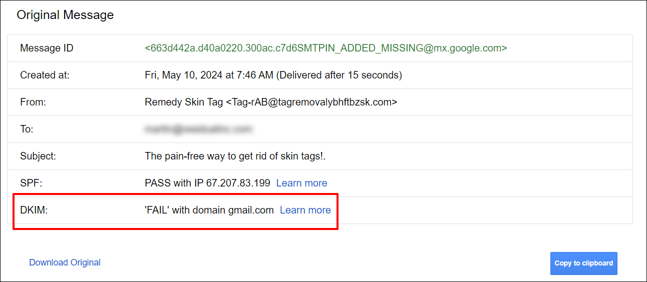 Gmail email header - DKIM fail record