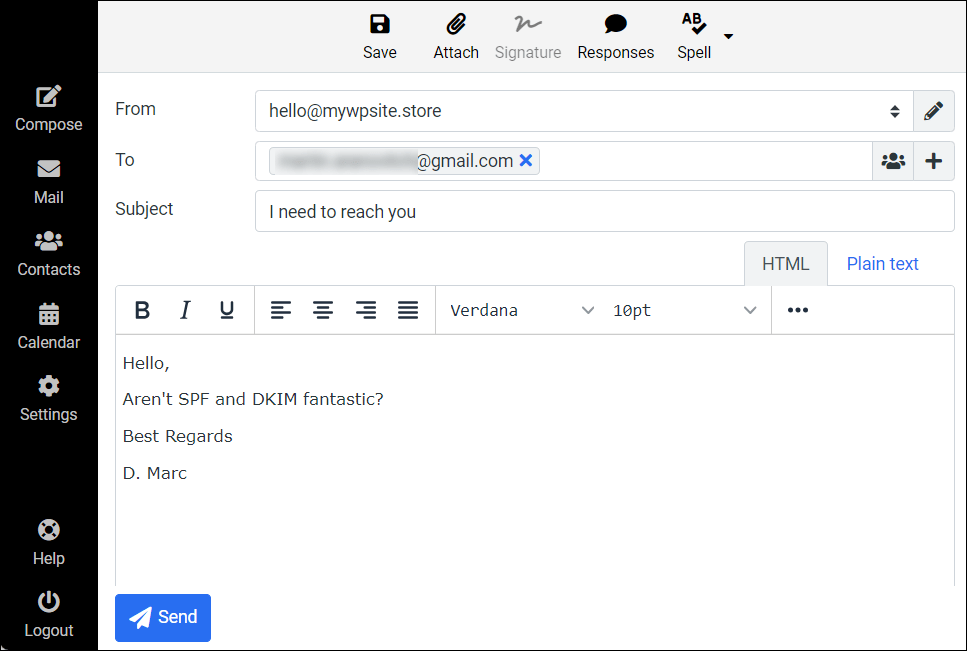 Example of an email created in Webmail.