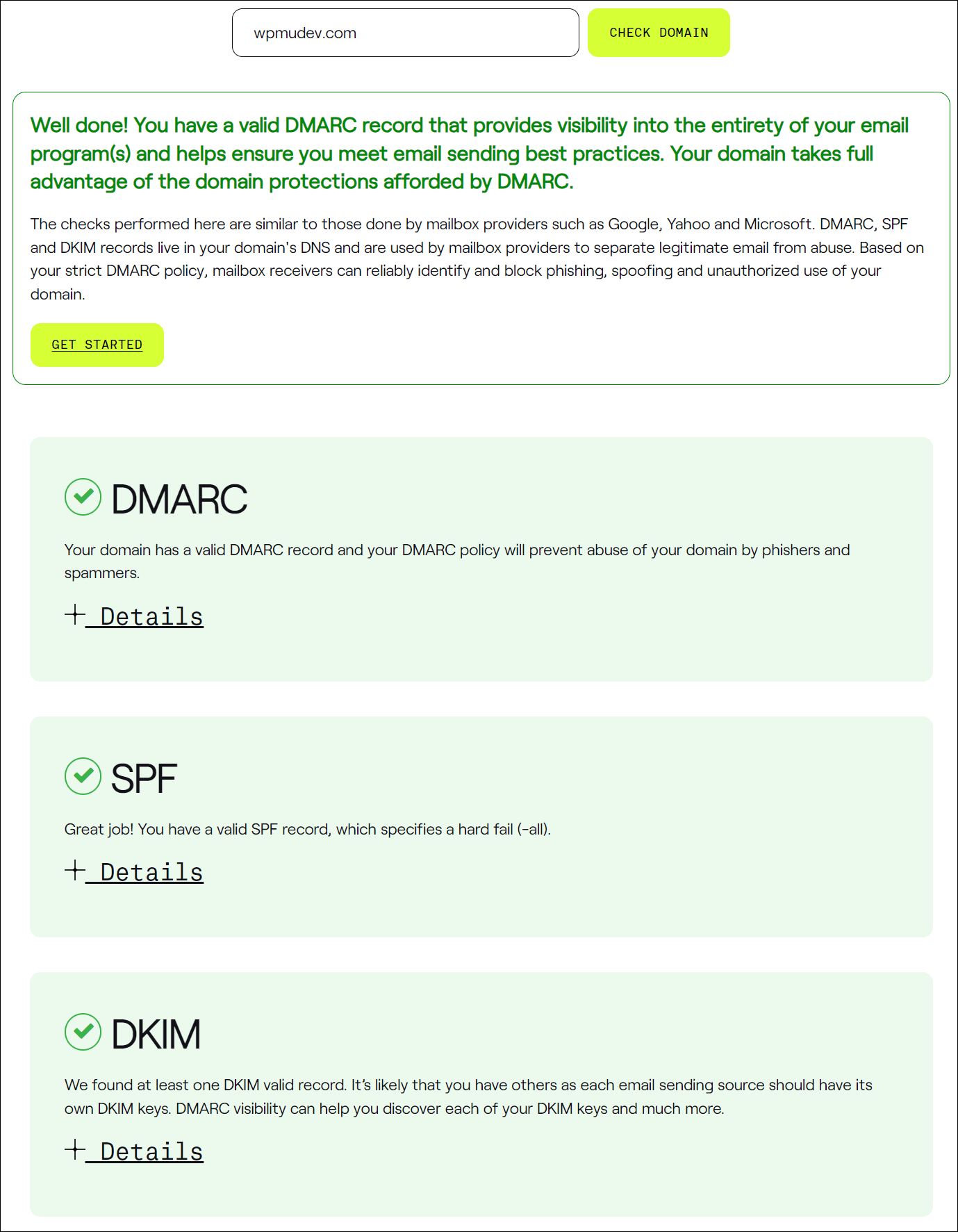 DMARC Domain Checker results